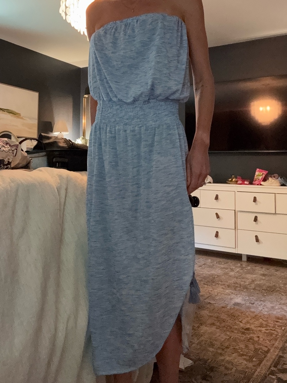 BECCA Strapless Heathered Light Blue Midi Dress